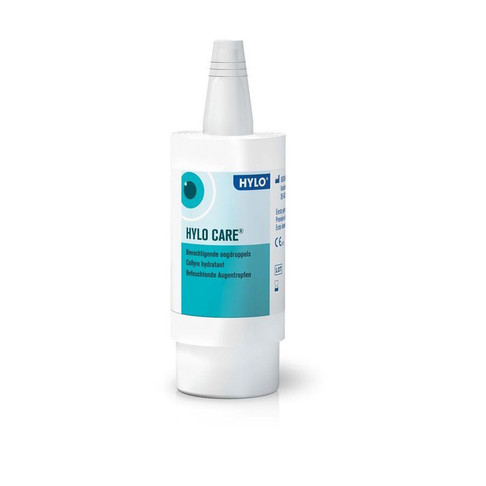 Doos HYLO-CARE oogdruppels met oog symbool en productinformatie.