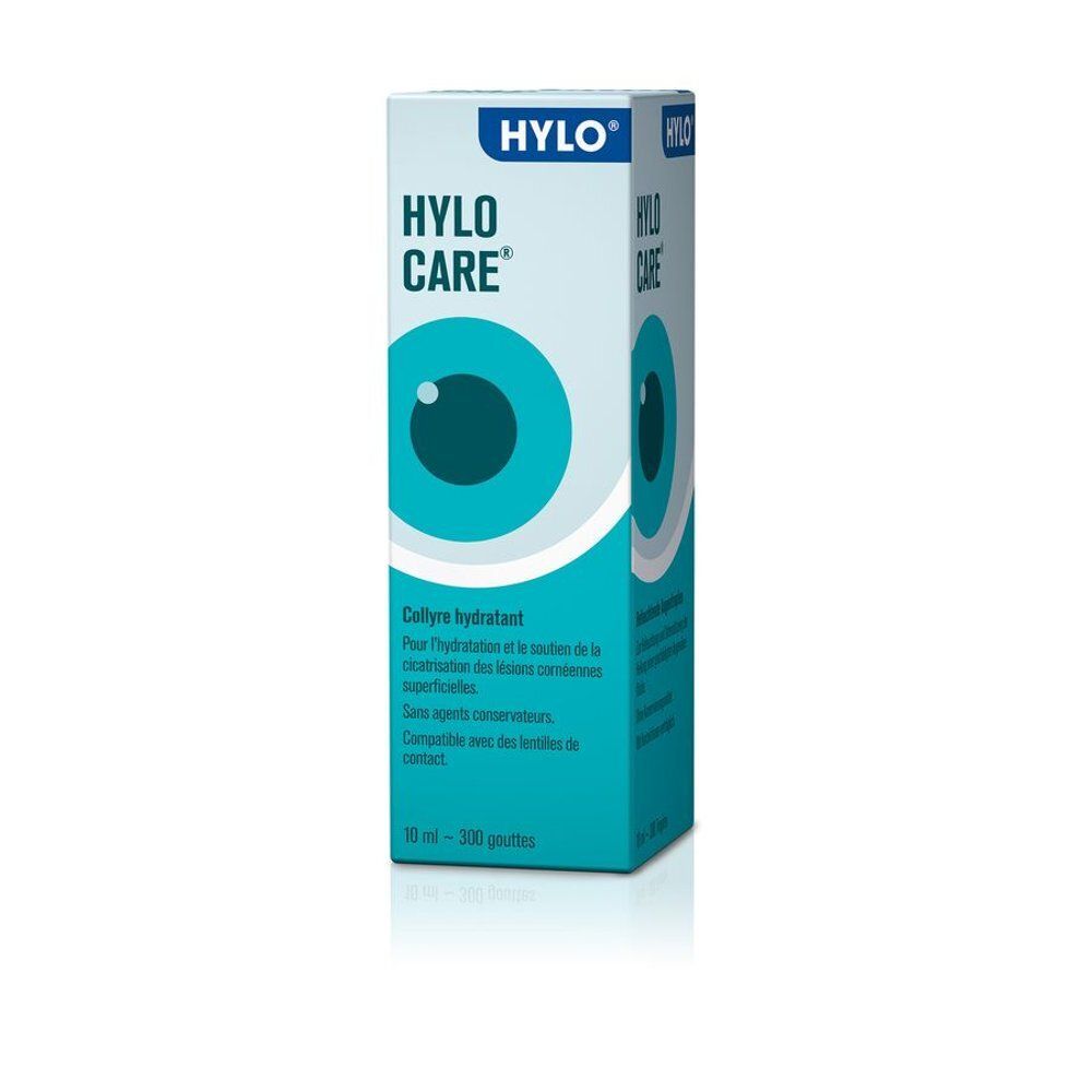 Doos HYLO-CARE oogdruppels met oog symbool en productinformatie.