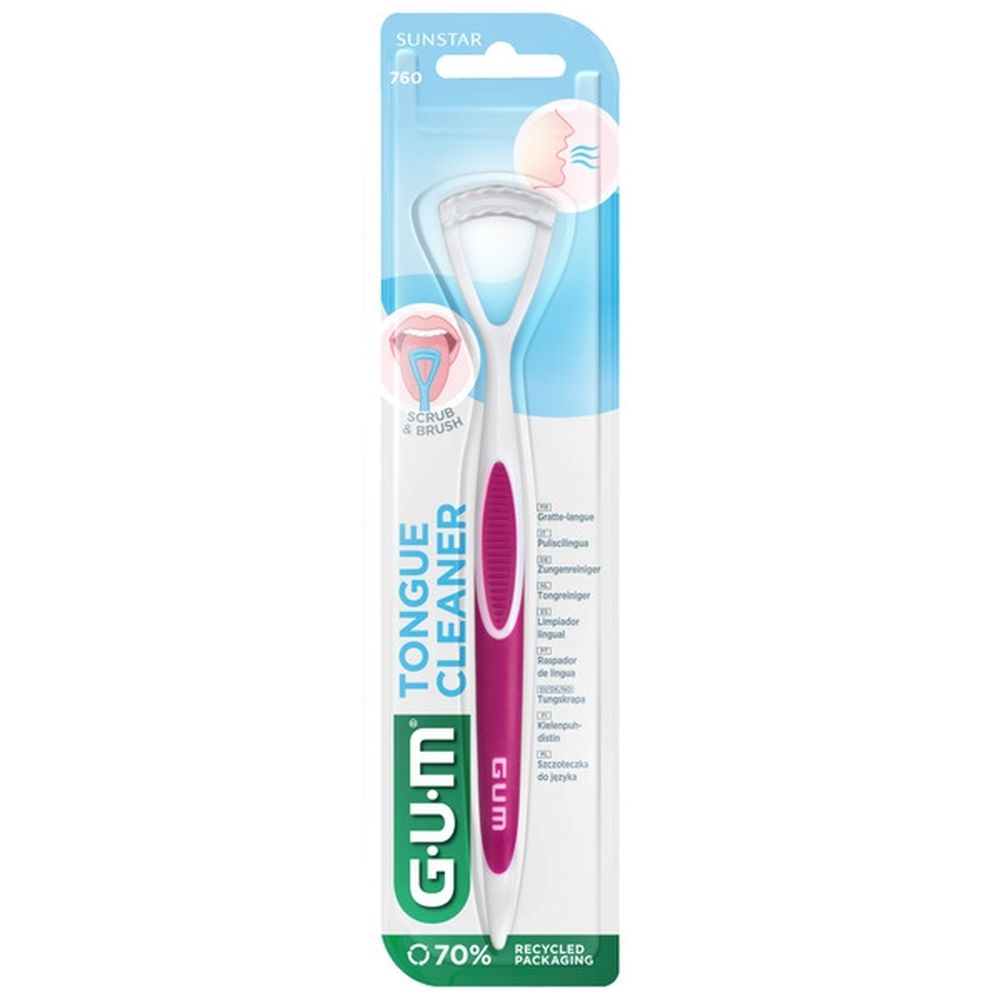 Tongreiniger in verpakking. Witte schraper, roze handgreep. G.U.M Tongue Cleaner.