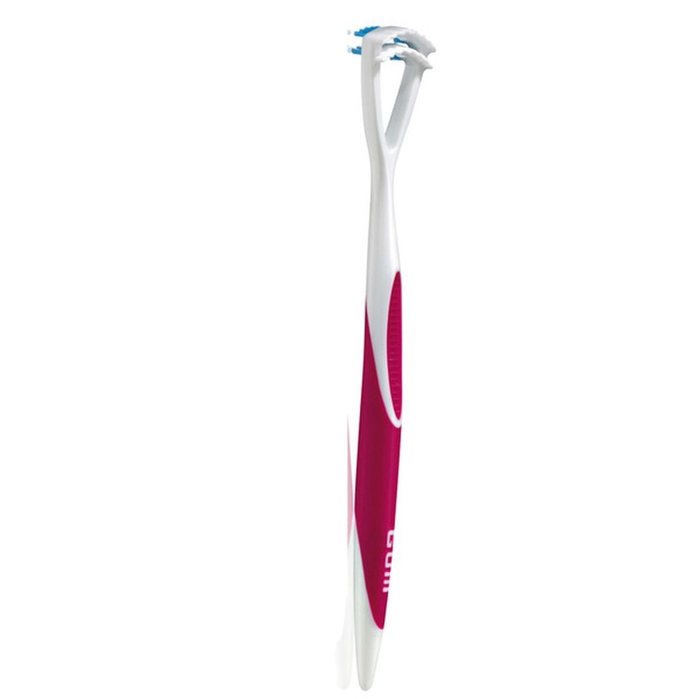 Tongreiniger, witte schraper, roze handgreep. G.U.M Tongue Cleaner.