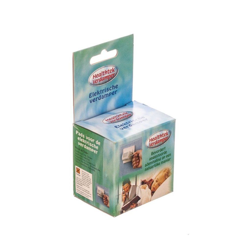 Verpakking van Healthtek Verdampfer. Opschriften: Elektrische Verdampfer, Pads, gezondheidsmerk. Groen-wit ontwerp met productafbeeldingen.