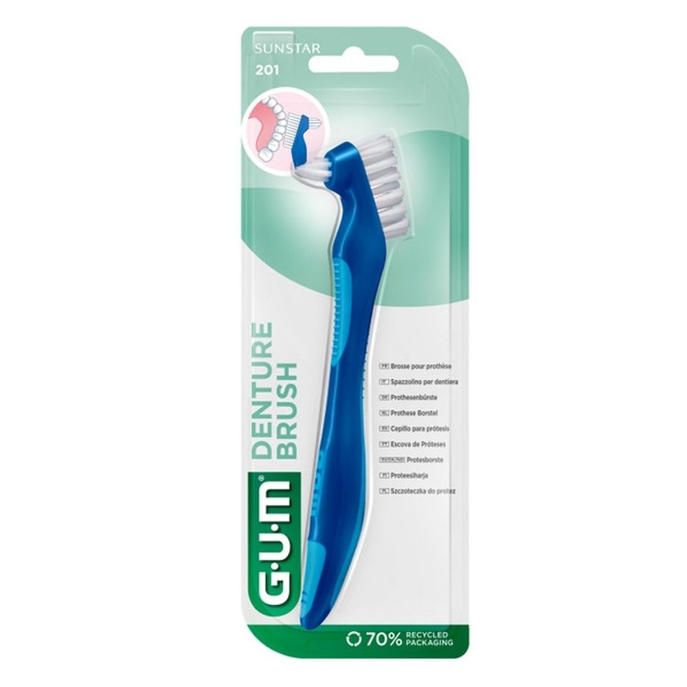 Brosse à prothèse GUM® 201. Manche bleu-turquoise, tête de brosse blanche. Inscription GUM® et Denture Brush.