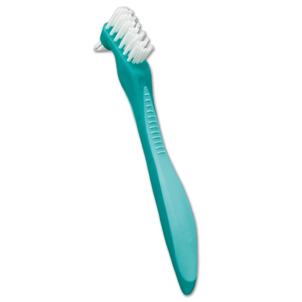 Brosse à prothèse GUM® 201. Manche bleu-turquoise, tête de brosse blanche. Inscription GUM® et Denture Brush.