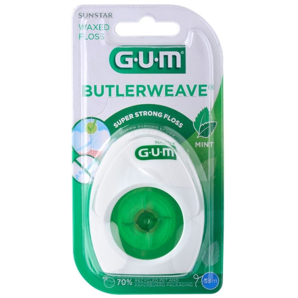 Fil dentaire GUM Butlerweave Waxed, menthe. Emballage blanc et vert. 55 m.