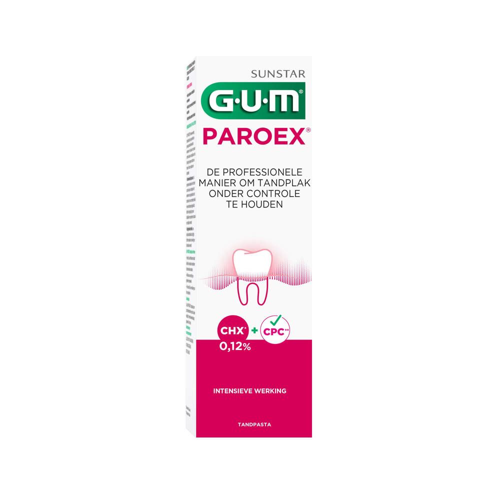 GUM Paroex tandpasta tube. Wit, rood en groen. Tekst: GUM, Paroex, 0,12%.