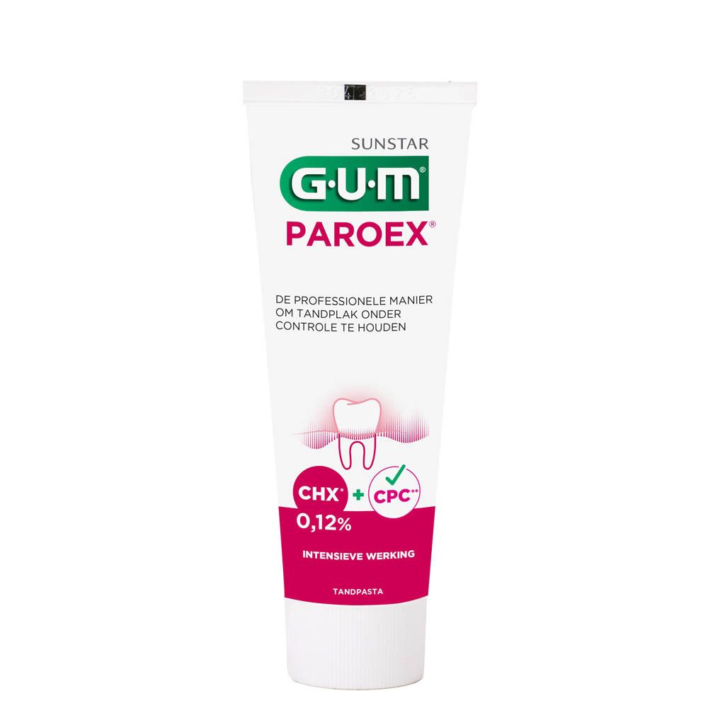 Tube de dentifrice GUM Paroex. Blanc, rouge et vert. Texte : GUM, Paroex, 0,12%.