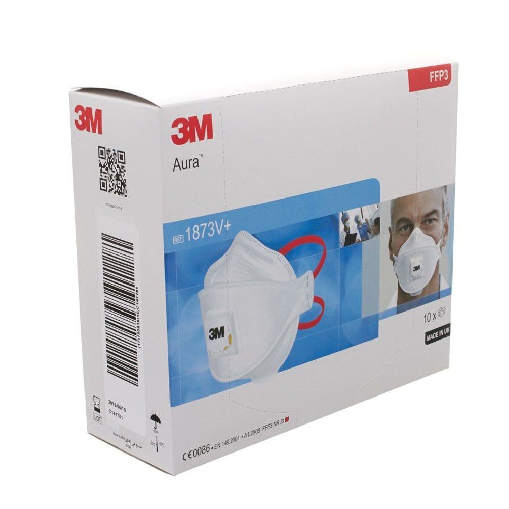 Wit ademhalingsmasker in verpakking. Opschriften: 3M, Aura, 1873V+, FFP3. Illustratie van een persoon met masker.