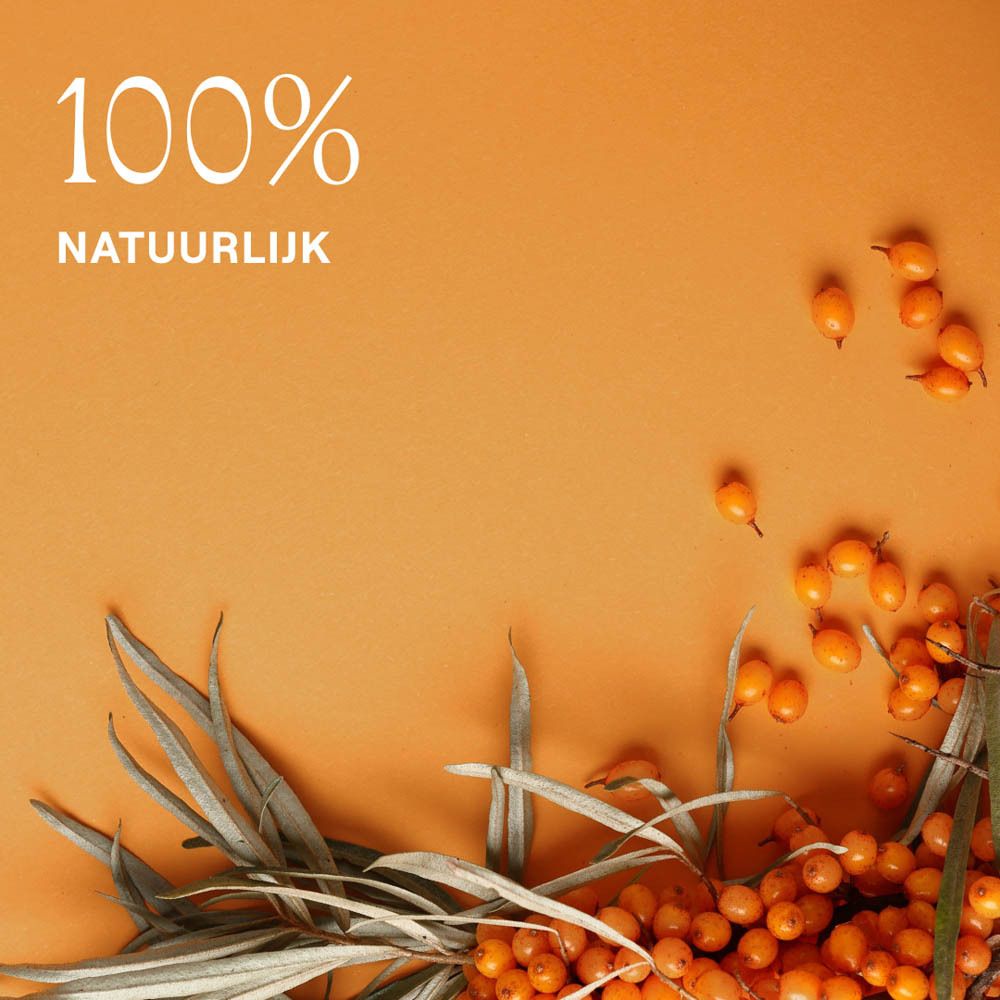 Tekst op oranje achtergrond: Vitaliserende Grapefruit en zoete mandarijn... Met organische duindoornolie.