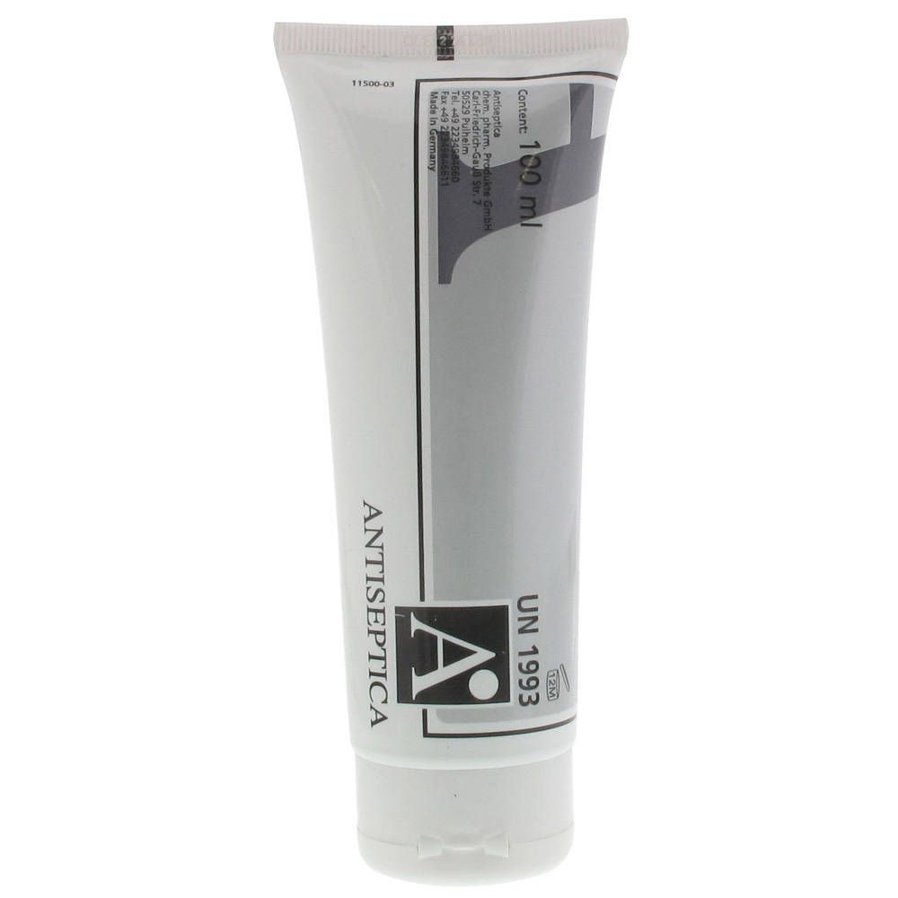 Witte crèmetube met zwarte tekst. "ANTISEPTICA" en "A" logo zichtbaar. Inhoud: 100 ml.