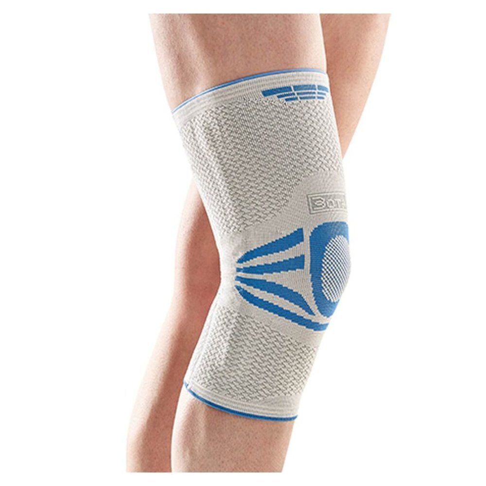 Genouillère grise sur une jambe. Accents bleus et logo. Taille 3.