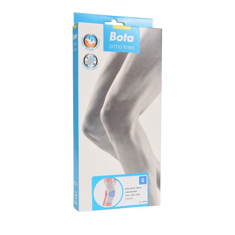 Verpakking Bota Ortho knie. Grijze bandage afgebeeld. Maat 6.