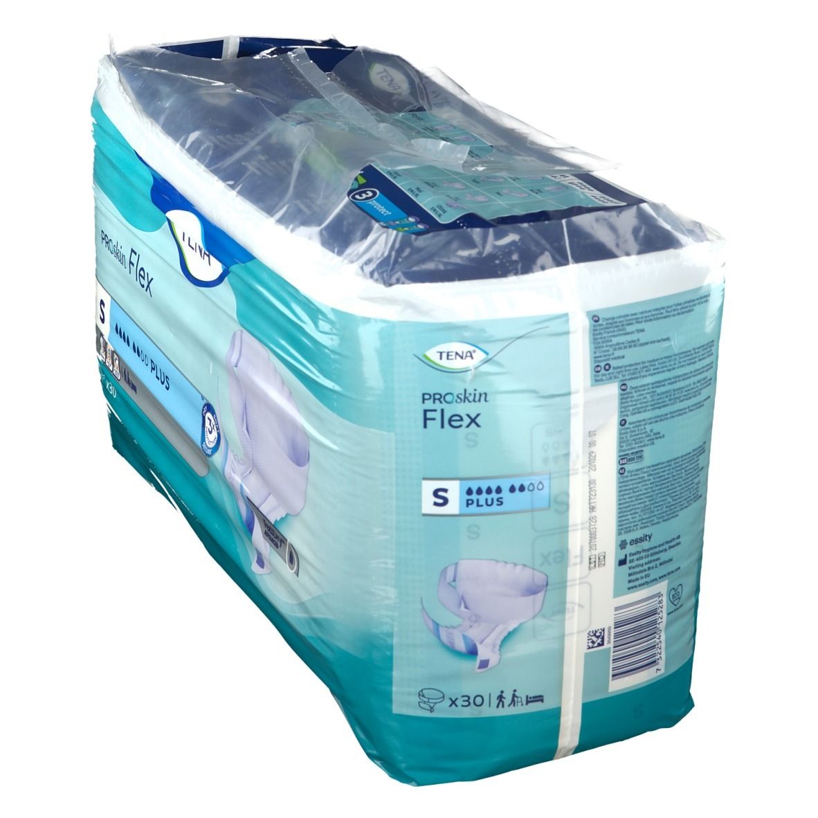 Verpakking TENA ProSkin Flex S Plus. Zichtbaar: productnaam, maat, absorptie, aantal. Verpakt in folie.