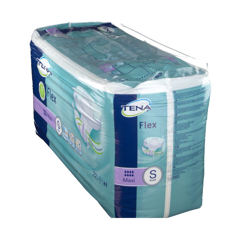 Verpakking Tena Flex Maxi S. Blauw-witte verpakking, transparant verpakt. Opschrift: Tena Flex, S, Maxi. 22 stuks.