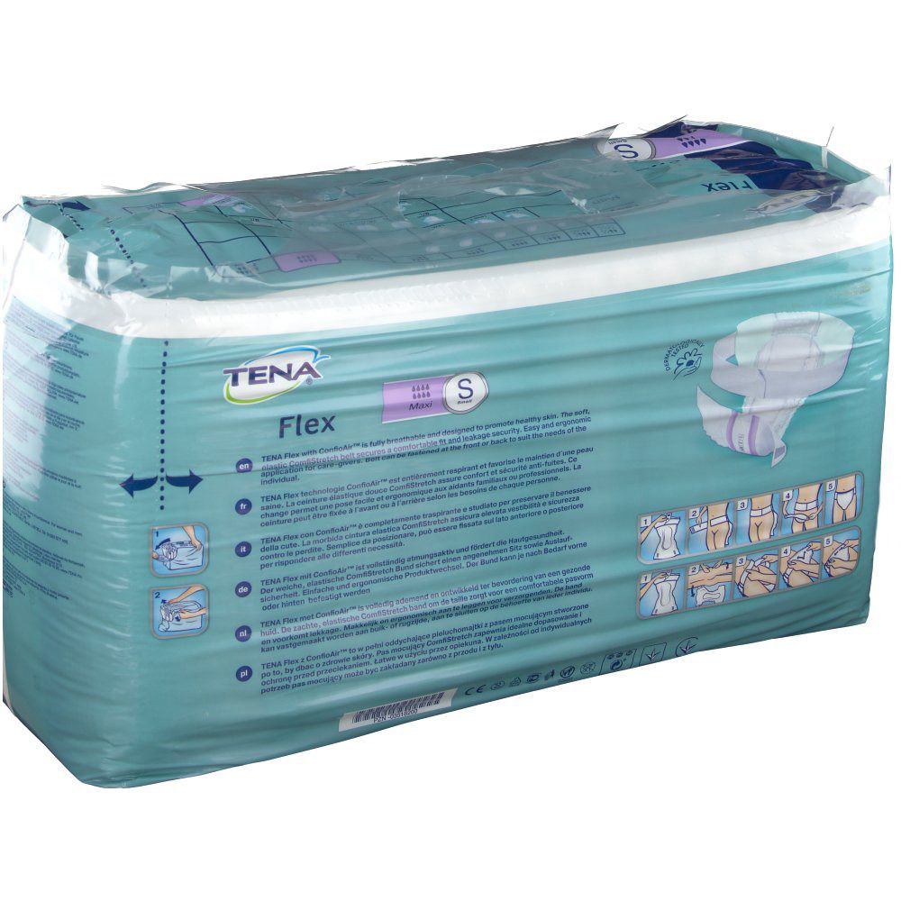 Verpakking Tena Flex Maxi S. Blauw-witte verpakking, transparant verpakt. Opschrift: Tena Flex, S, Maxi. Productafbeelding.
