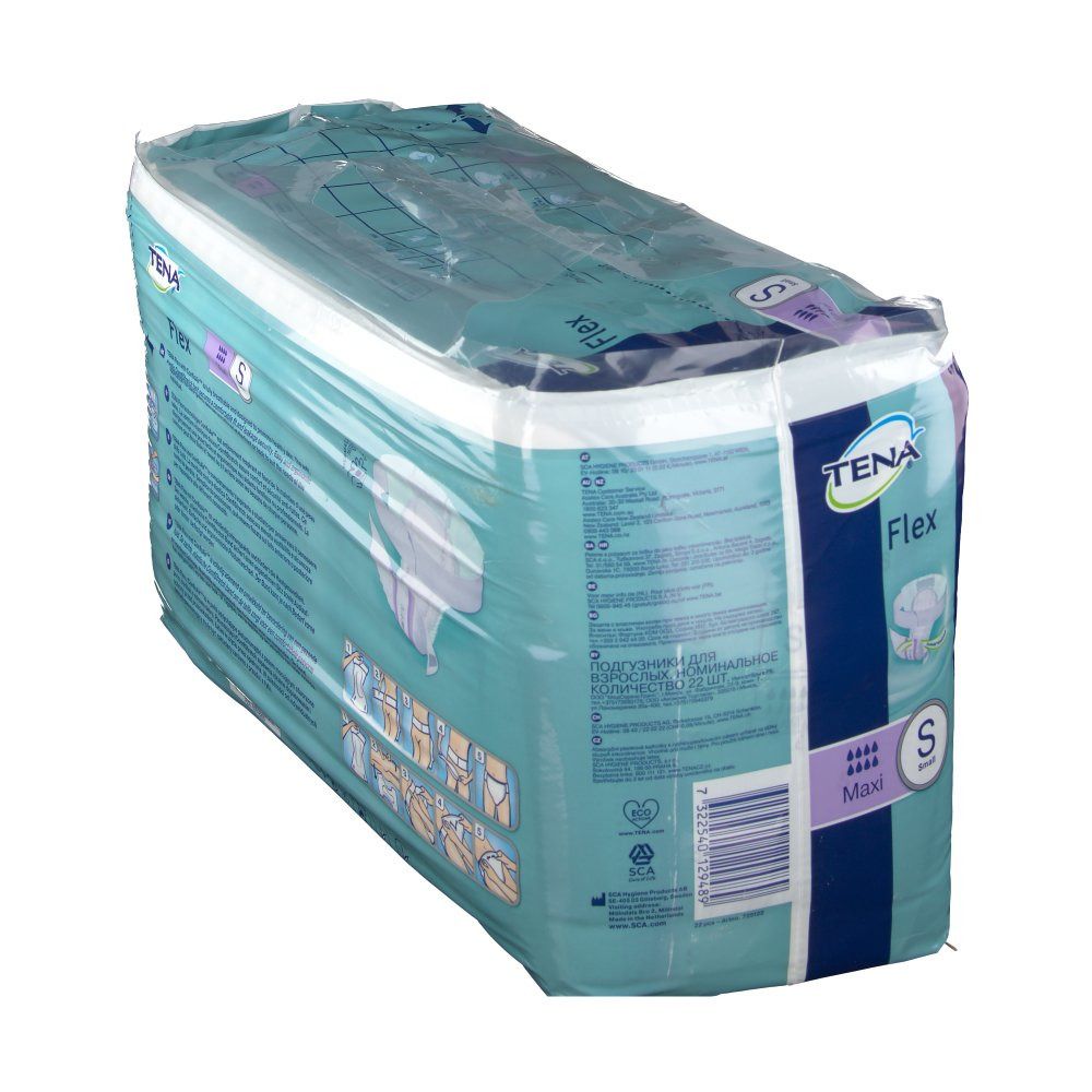 Verpakking Tena Flex Maxi S. Blauw-witte verpakking, transparant verpakt. Opschrift: Tena Flex, S, Maxi. Achterkant met tekst.