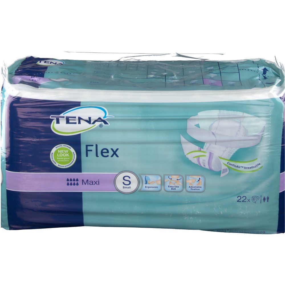 Verpakking Tena Flex Maxi S. Blauw-witte verpakking, transparant verpakt. Opschrift: Tena Flex, S, Maxi. 22 stuks. Logo.