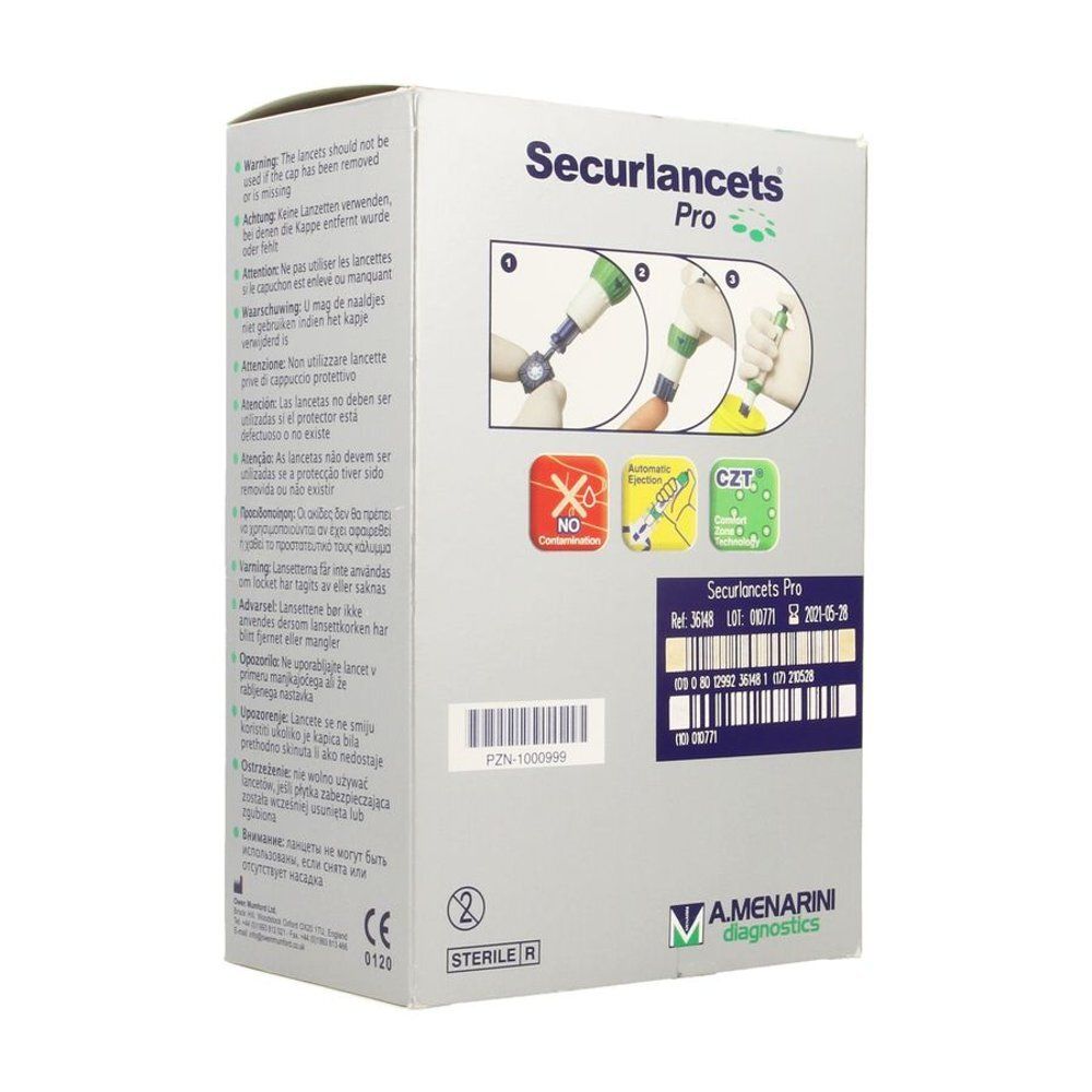 Verpakking van Securlancets Pro. Opschriften: productnaam, pictogrammen, waarschuwingen, barcode, CE-markering, sterielsymbool en logo A. Menarini Diagnostics.
