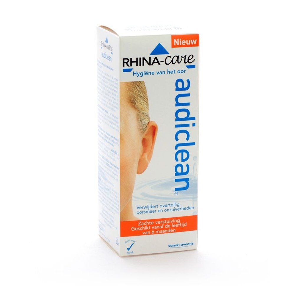 Verpakking van Rhina-Care Audiclean. Wit, blauwe driehoek, tekst. Toont een oor. Tekst: Hygiene van het oor.