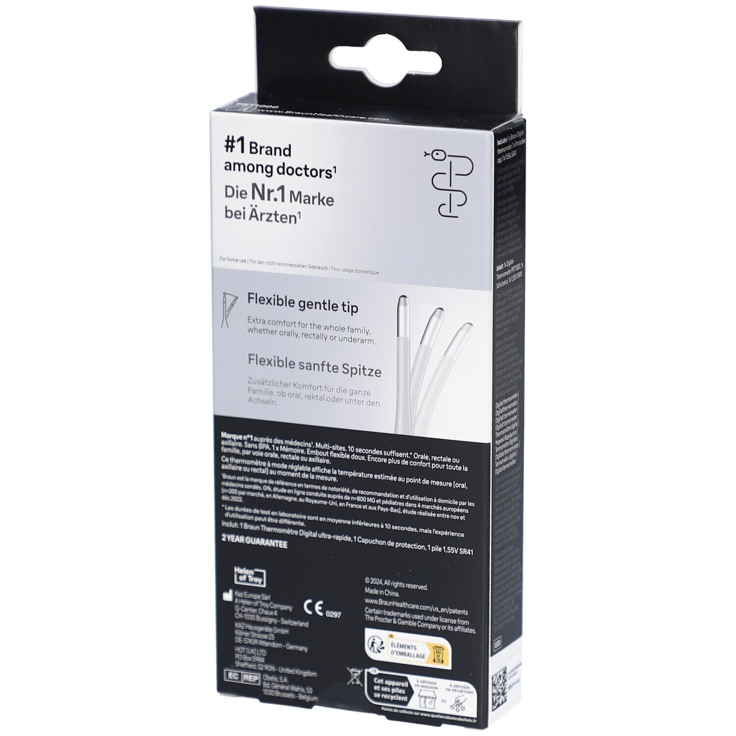 Achterkant van de verpakking van de Braun digitale thermometer. Tekst: Flexibele tip. 2 jaar garantie. Productinformatie.