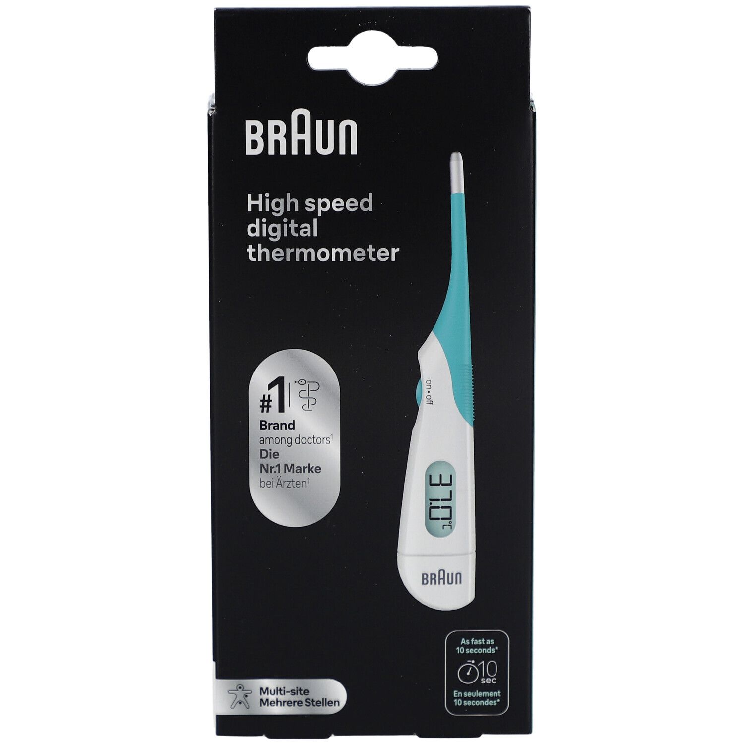 Braun digitale thermometer in de verpakking. Opschrift: High speed digital thermometer. #1 merk onder artsen. Digitale display: 37.0.
