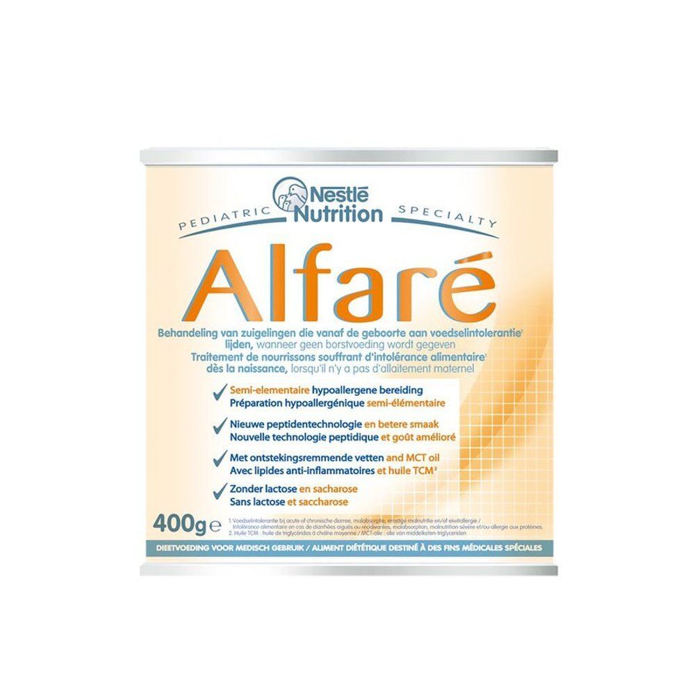 Boîte Alfaré. Inscription: traitement des intolérances. 400g. Nestle Pediatric Nutrition Specialty. Préparation hypoallergénique.