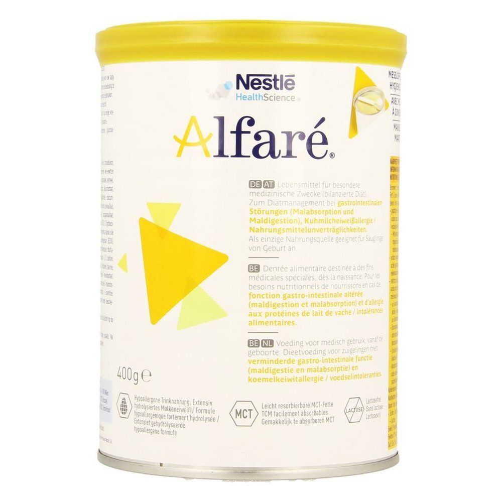 Alfaré blik. Opschrift: Dieetvoeding. 400g. Nestle Health Science. Voor medisch gebruik. Geel deksel.