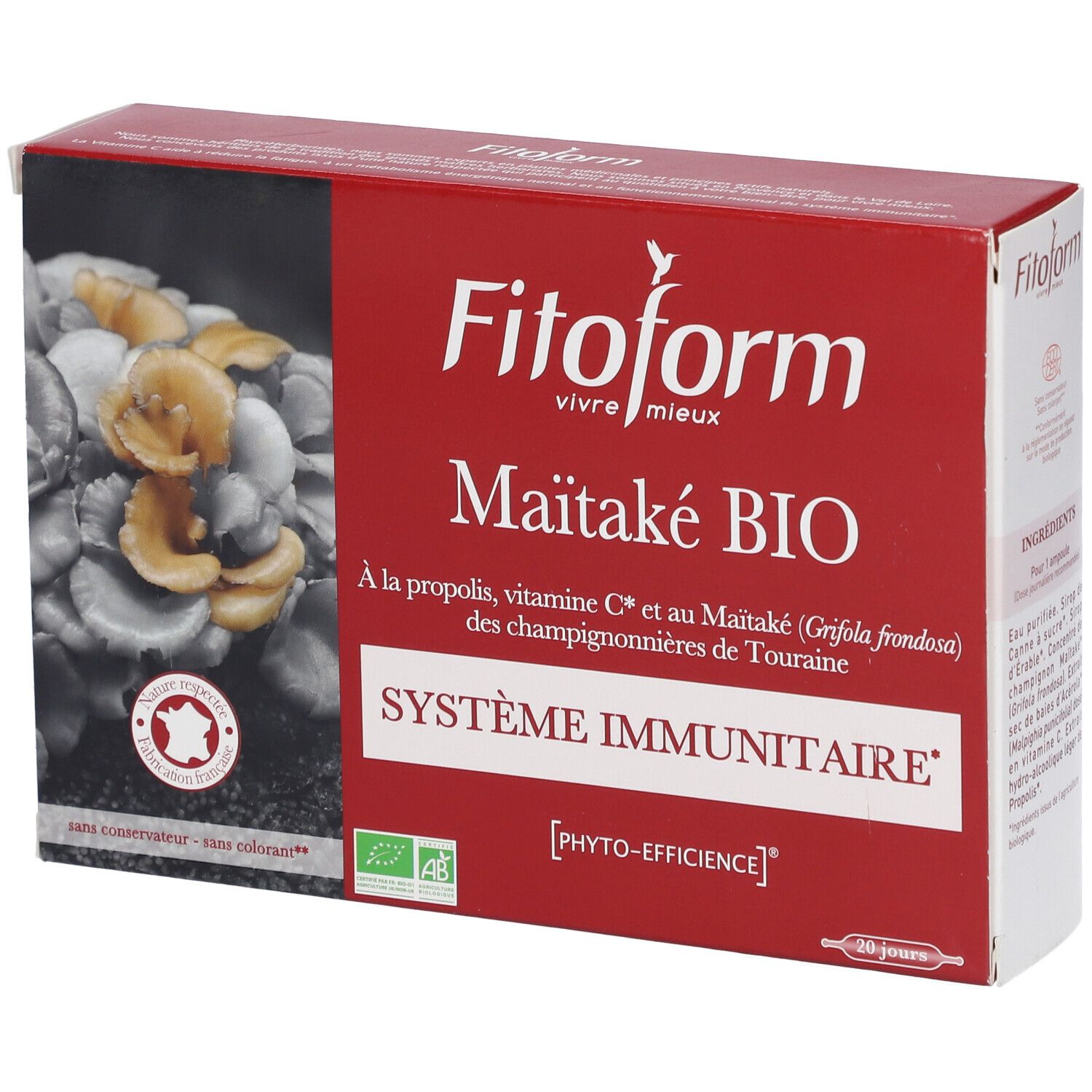 Rode doos met productnaam en logo: Maitake BIO. AB-label en Franse herkomst. Bevat 20 dagen behandeling.