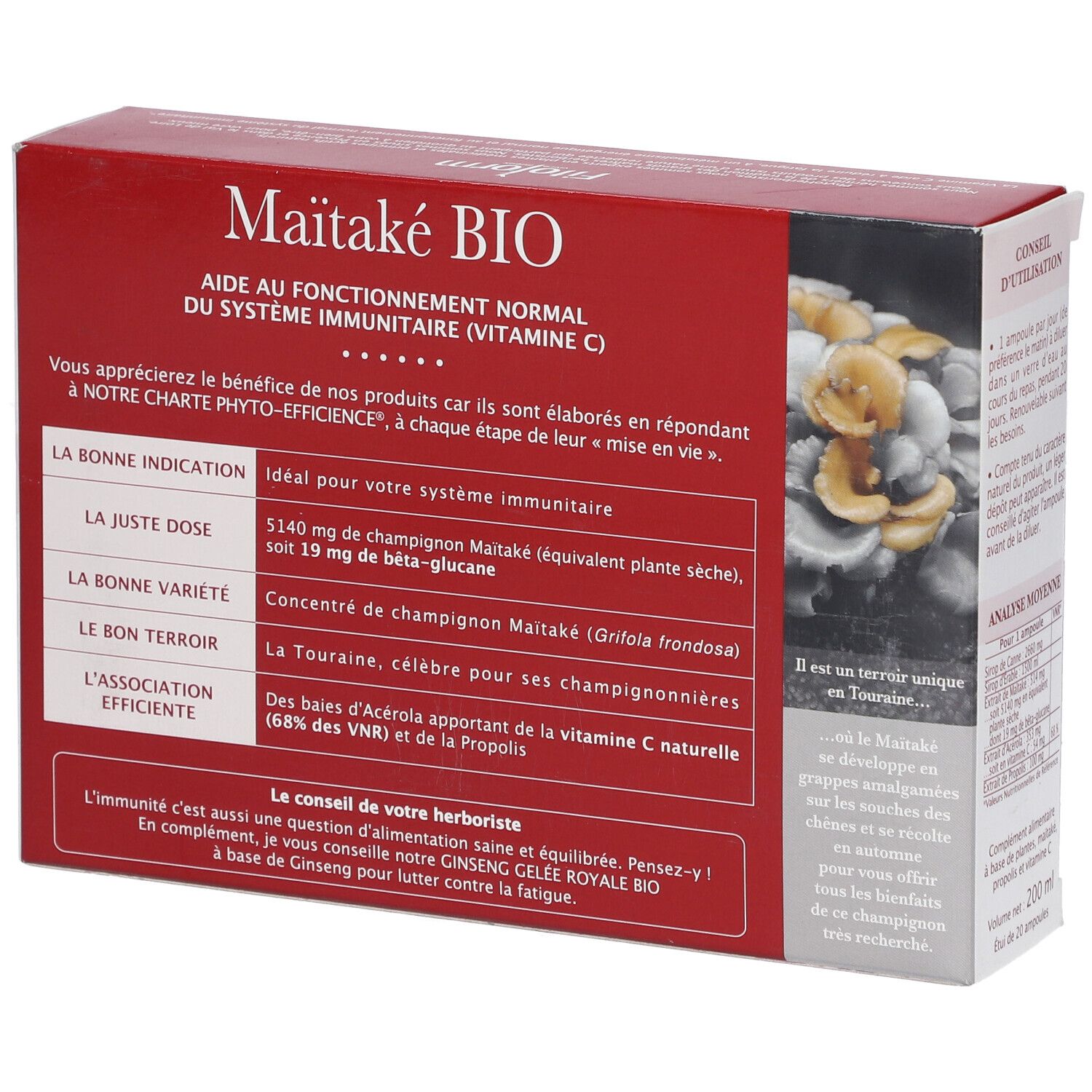 Rode doos met productnaam en logo: Maitake BIO. Informatie over gebruik en ingrediënten.