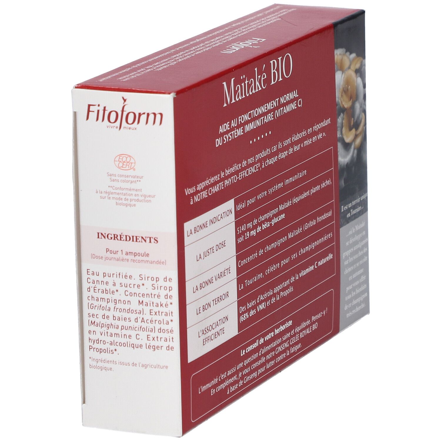 Rode doos met productnaam en logo: Maitake BIO. Informatie over gebruik en ingrediënten.