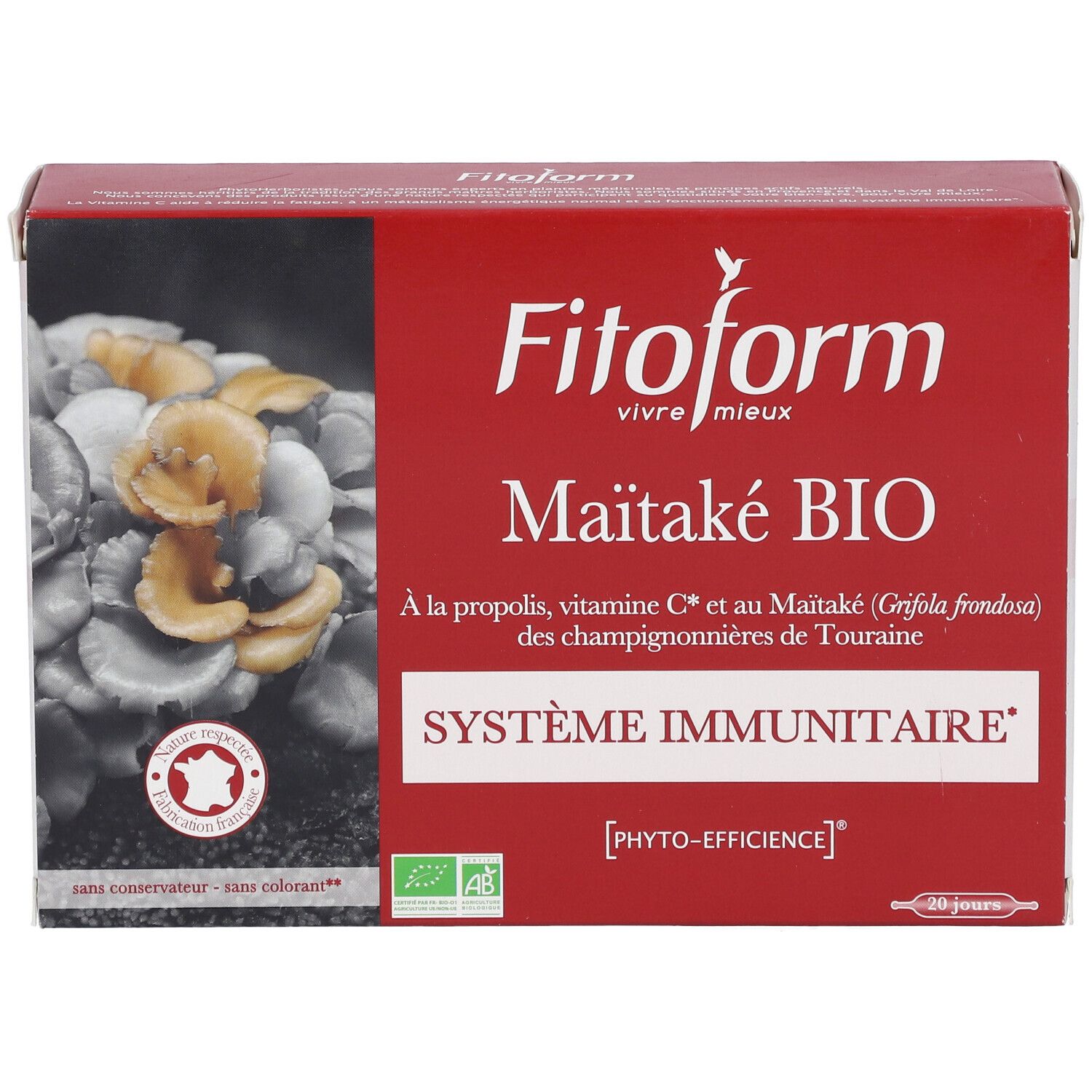 Rode doos met productnaam en logo: Maitake BIO. AB-label en Franse herkomst. Bevat 20 dagen behandeling.