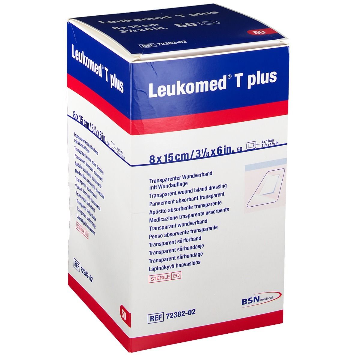 Verpakking van Leukomed T plus. Opschrift: 8 x 15 cm, 50 stuks. Transparant wondverband. BSN medical logo.