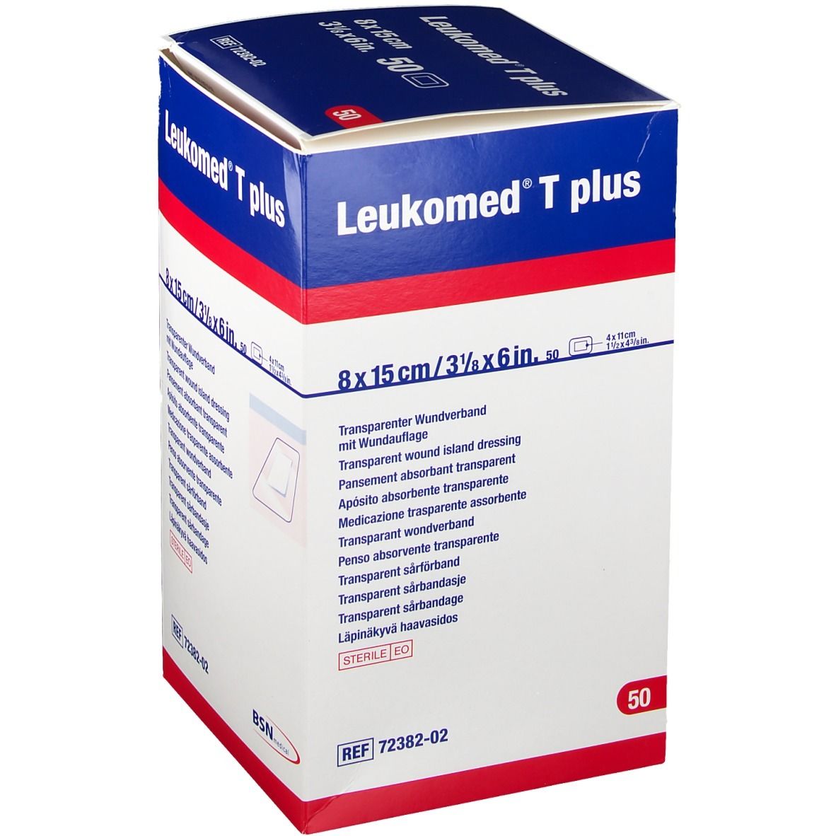Verpakking van Leukomed T plus. Opschrift: 8 x 15 cm, 50 stuks. Transparant wondverband. BSN medical logo.