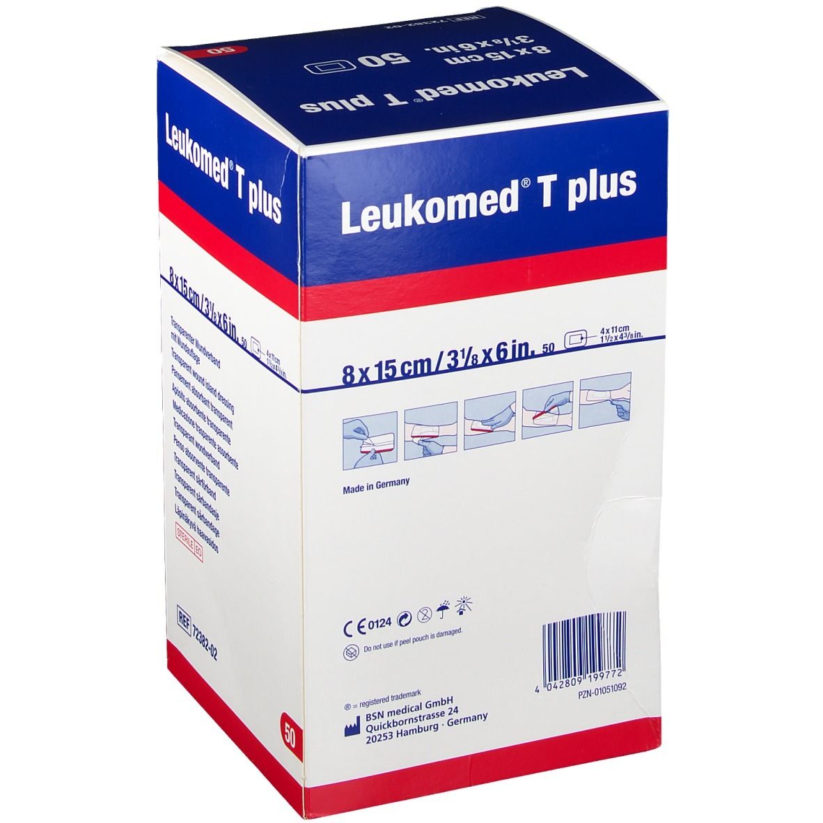 Verpakking van Leukomed T plus. Opschrift: 8 x 15 cm, 50 stuks. Transparant wondverband. BSN medical logo.