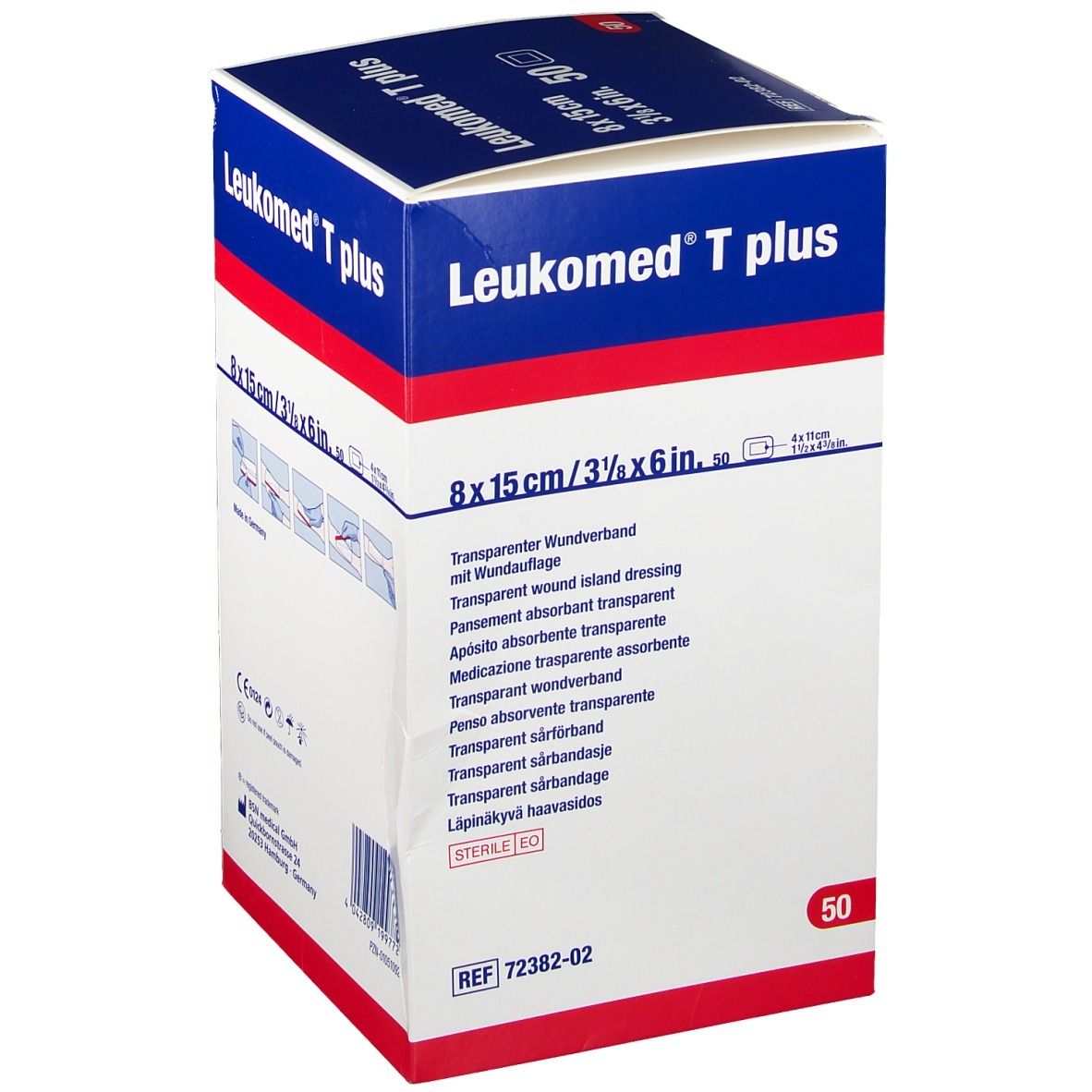 Verpakking van Leukomed T plus. Opschrift: 8 x 15 cm, 50 stuks. Transparant wondverband. BSN medical logo.