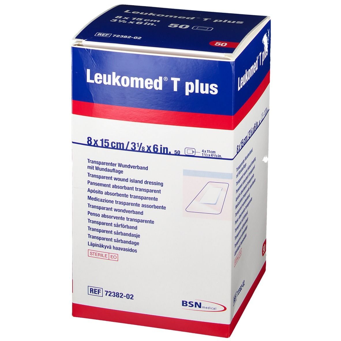 Verpakking van Leukomed T plus. Opschrift: 8 x 15 cm, 50 stuks. Transparant wondverband. BSN medical logo.