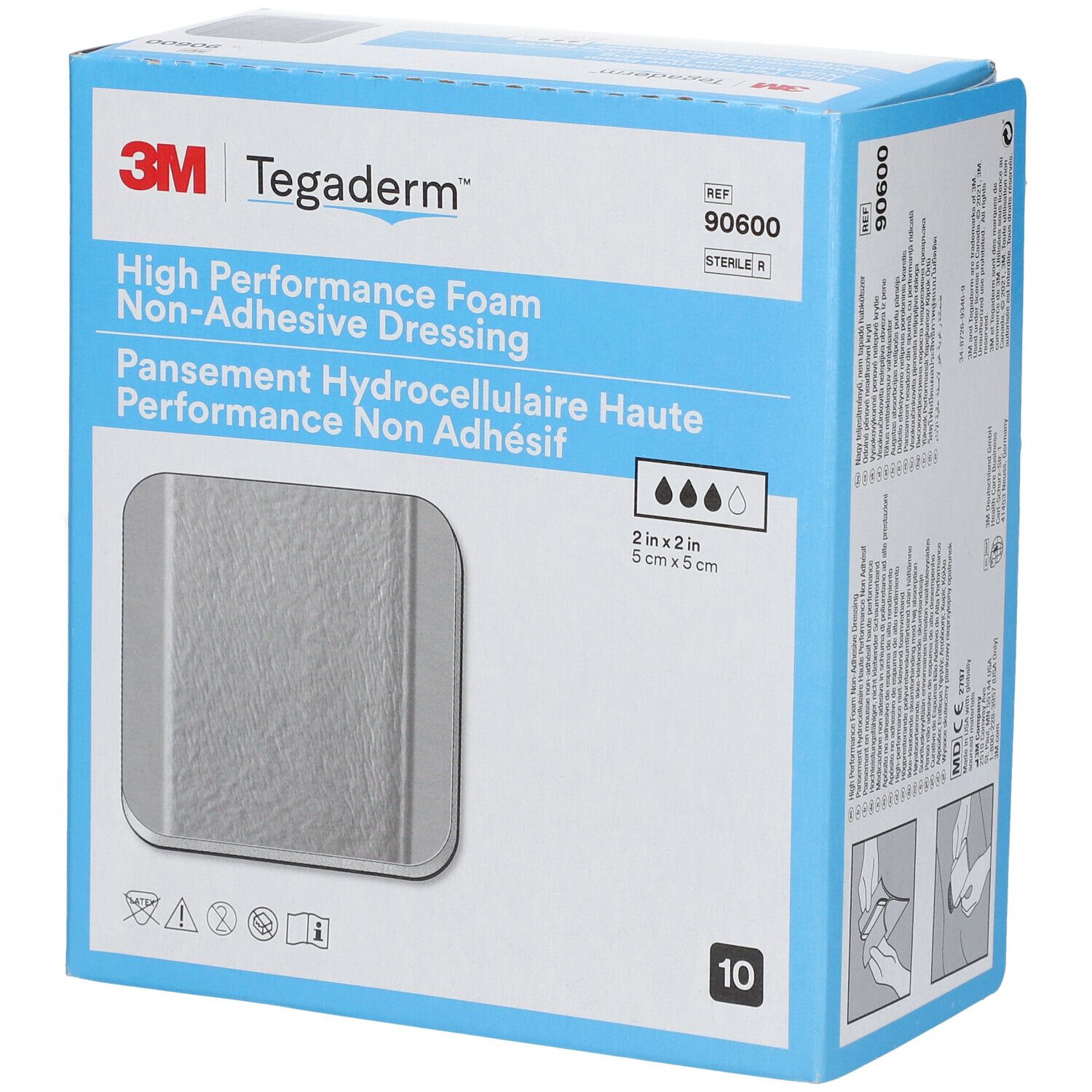 Doosje met 3M Tegaderm schuimverband. Bevat 10 steriele verbanden. Afmeting: 5cm x 5cm. Opschriften: productnaam, referentienummer, afbeeldingen.