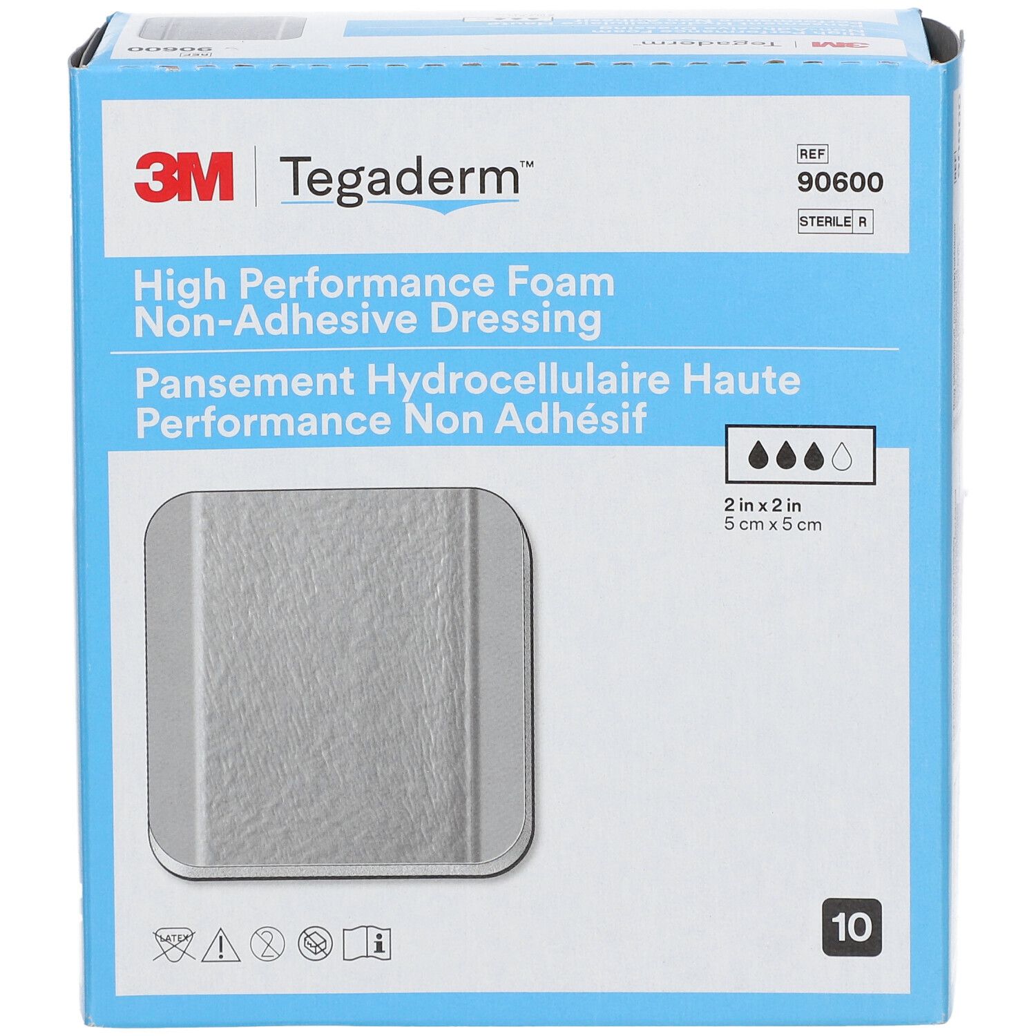 Doosje met 3M Tegaderm schuimverband. Bevat 10 steriele verbanden. Afmeting: 5cm x 5cm. Opschriften: productnaam, referentienummer, afbeeldingen.