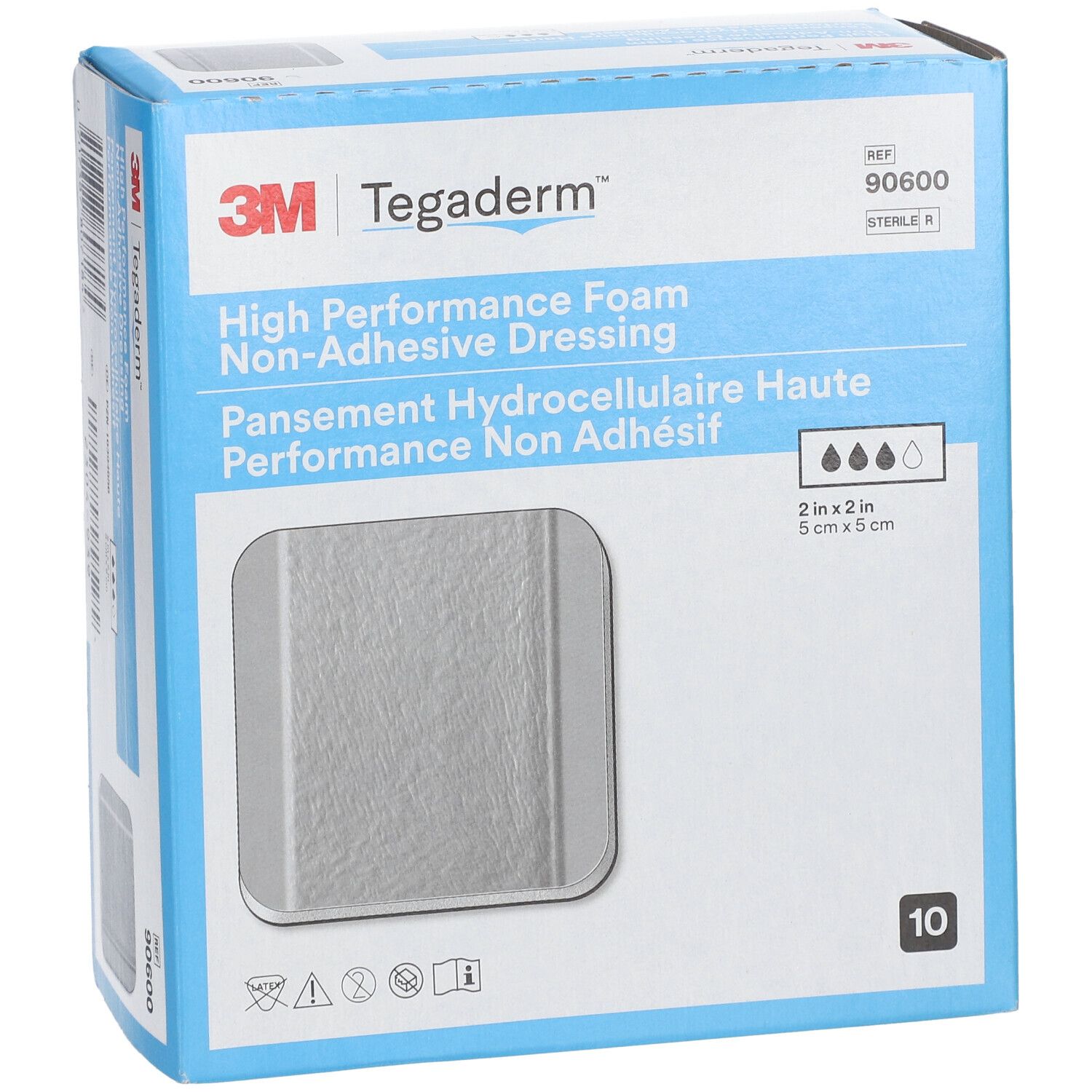 Doosje met 3M Tegaderm schuimverband. Bevat 10 steriele verbanden. Afmeting: 5cm x 5cm. Opschriften: productnaam, referentienummer, afbeeldingen.