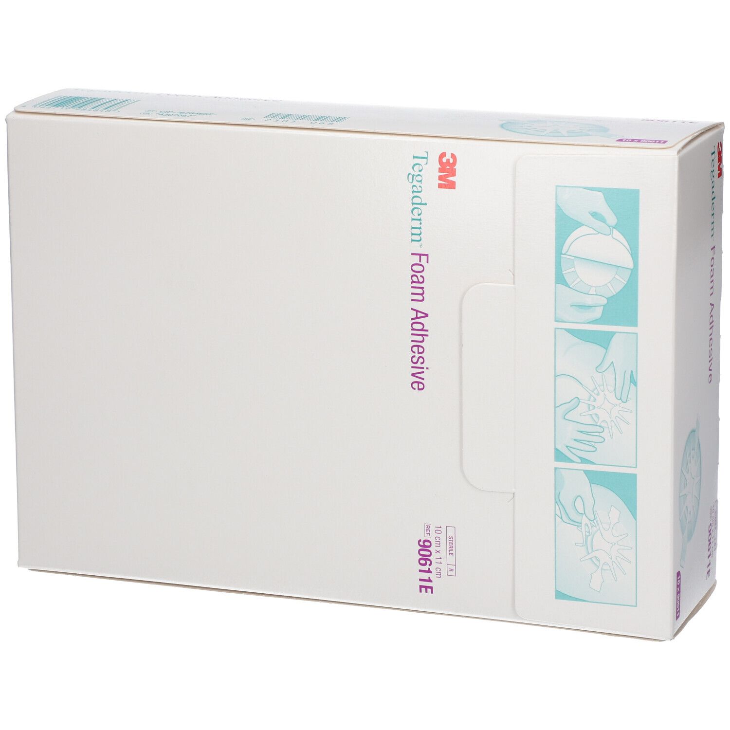 Boîte de 3M Tegaderm Foam Adhesive. Dimensions : 10 cm x 11 cm. Nom du produit et marque visibles. Contient 10 pièces.