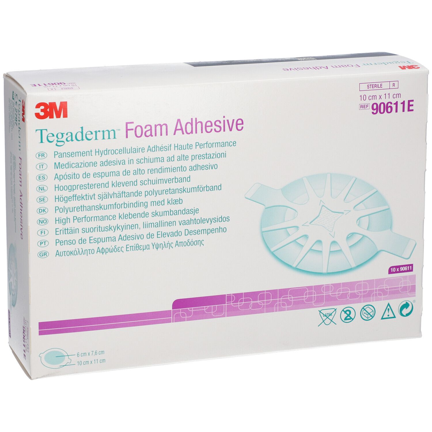 Boîte de 3M Tegaderm Foam Adhesive. Dimensions : 10 cm x 11 cm. Nom du produit et marque visibles. Contient 10 pièces.
