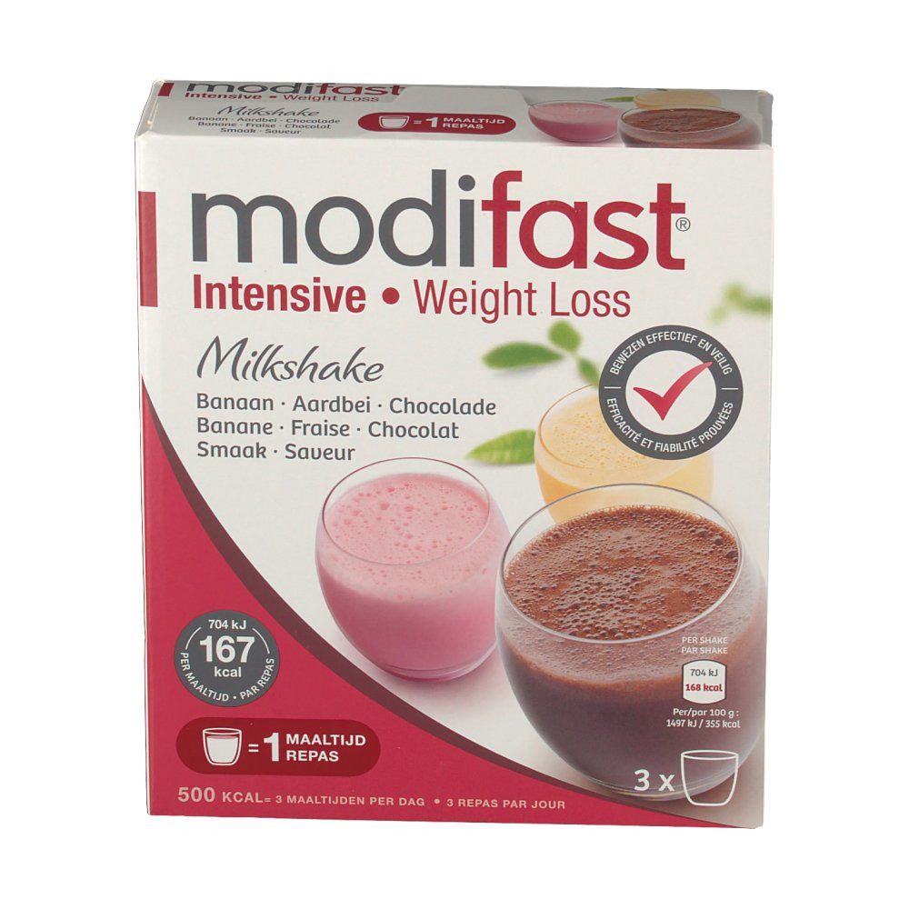 Modifast Intensive Milkshake 3-Pack. Boîte avec illustrations de milkshakes en verre. Ingrédients : 'Banaan, Aardbei, Chocolade'.