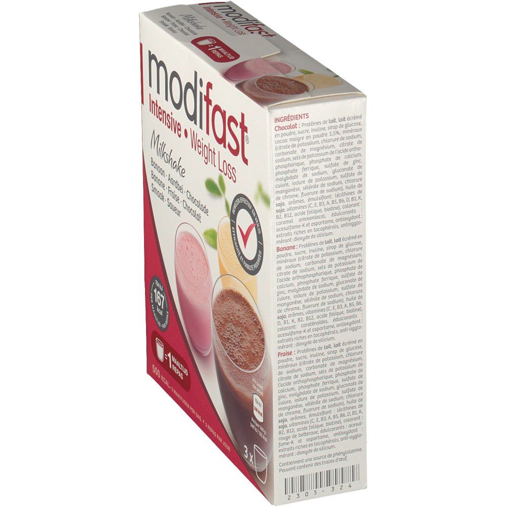 Modifast Milkshake-Pack, vue latérale oblique. Impression avec listes d'ingrédients. Illustrations de milkshakes en verre.
