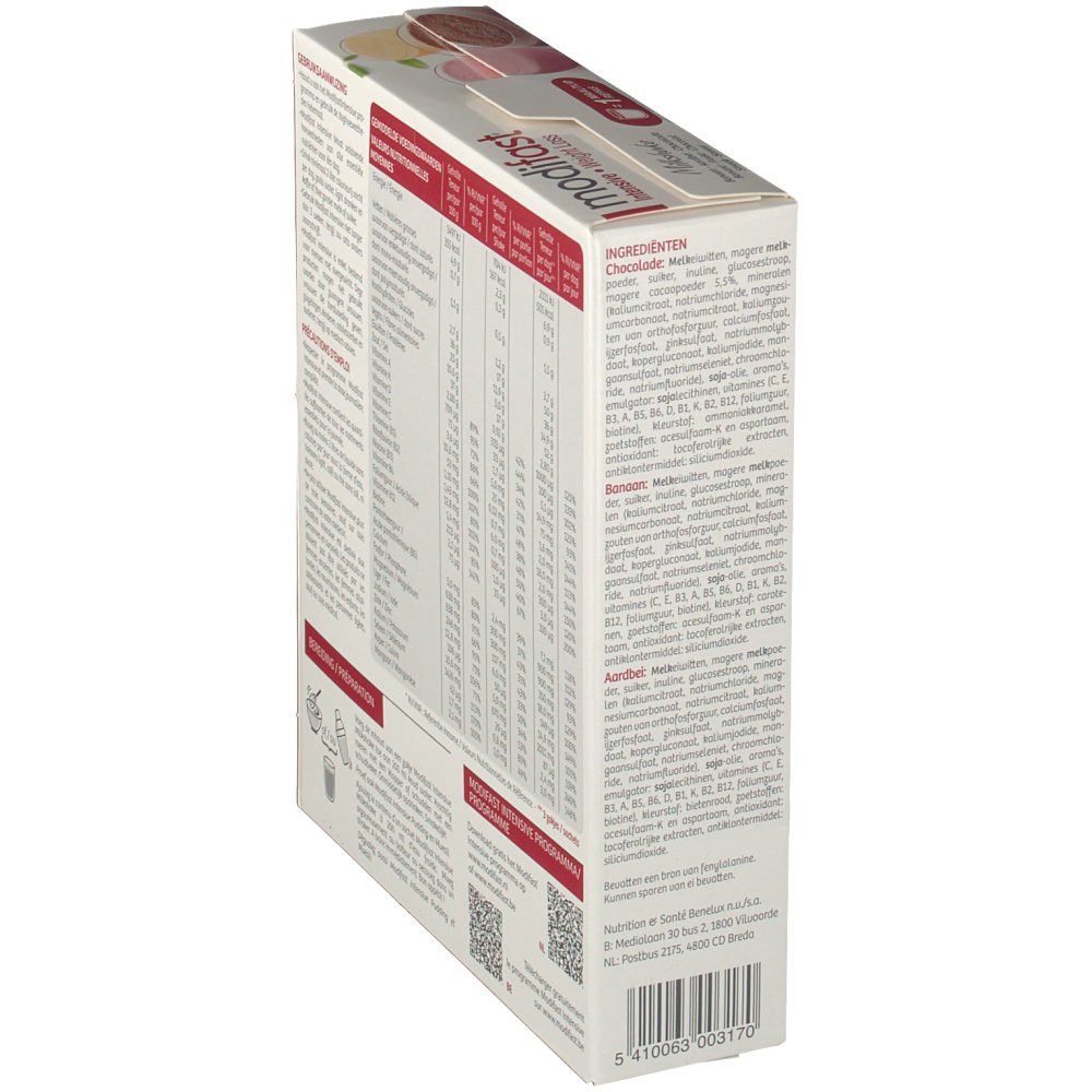 Modifast Milkshake-Pack, vue arrière. Texte avec informations nutritionnelles et listes d'ingrédients. Code-barres et QR code.