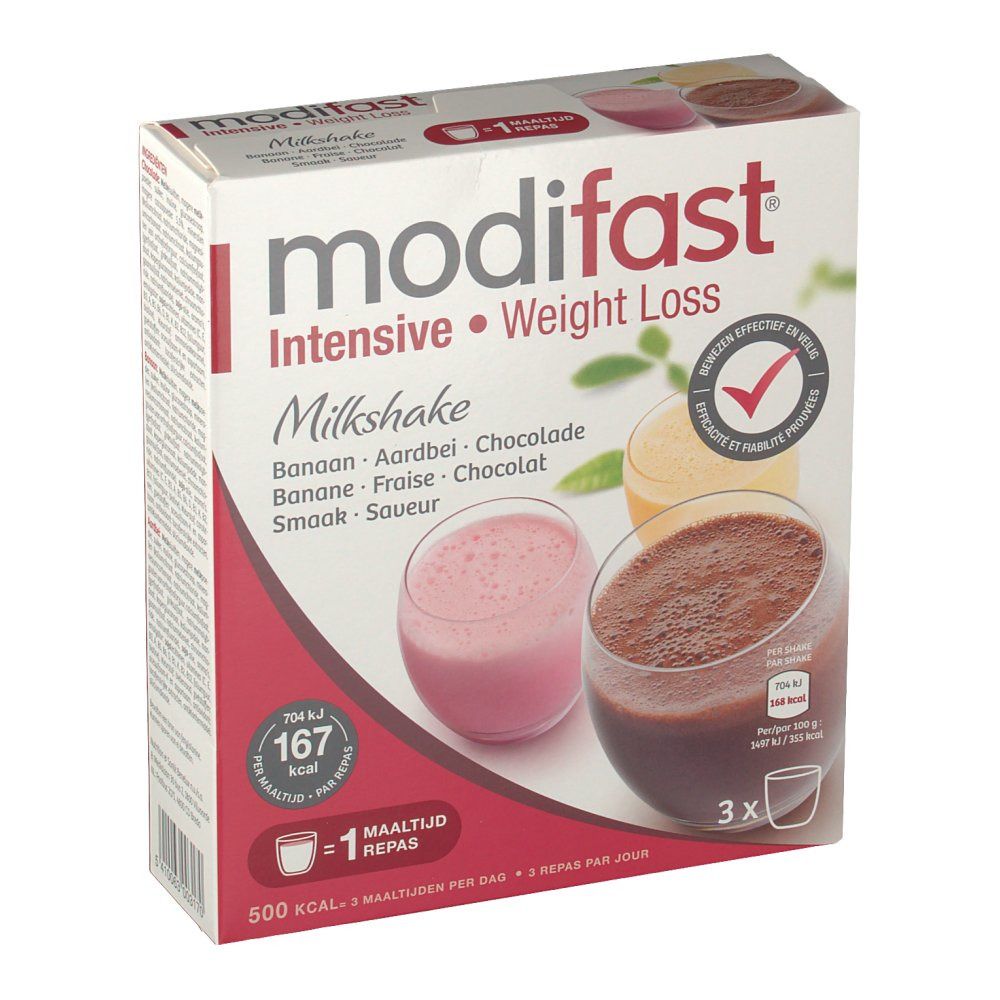Modifast Intensive Milkshake 3-Pack. Boîte avec illustrations de milkshakes en verre. Ingrédients : 'Banaan, Aardbei, Chocolade'.