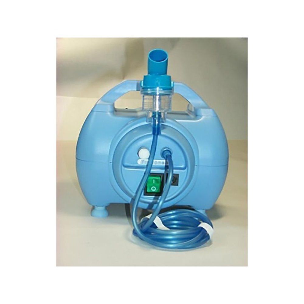 Blauwe aerosolcompressor. Handvat aan de bovenkant, schakelaar aan de voorkant en een slangverbinding. Een blauwe slang is aangesloten.