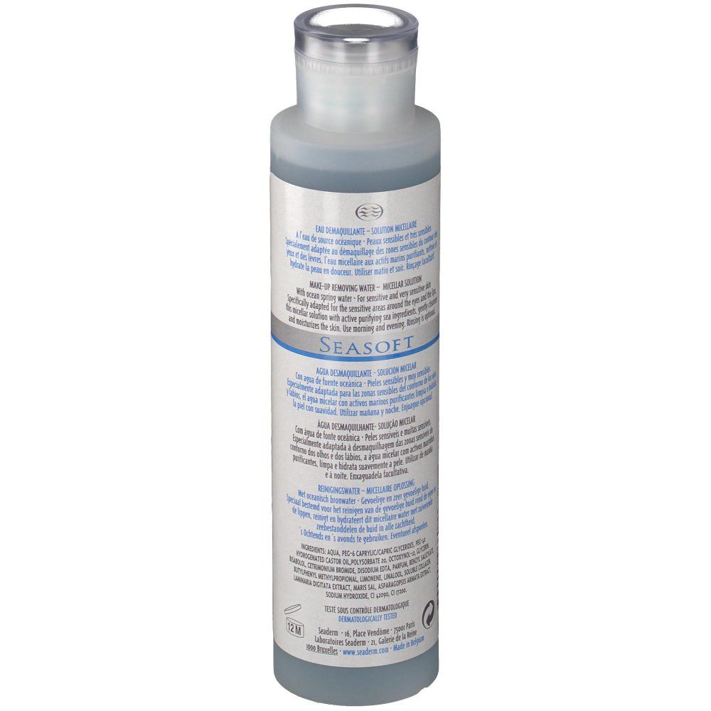 Flacon cylindrique, liquide bleu. Dos avec texte. Inscription: Seaderm Seasoft. Bouchon transparent.