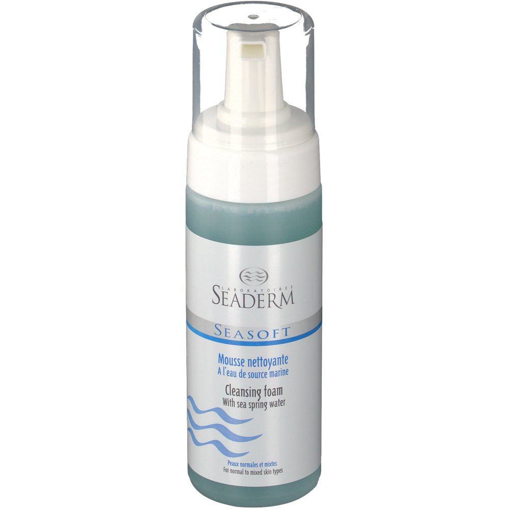 Reinigingsmousse fles met witte pomp en transparante dop. Blauwe vloeistof zichtbaar. Tekst: SEADERM, SEASOFT, Mousse nettoyante.