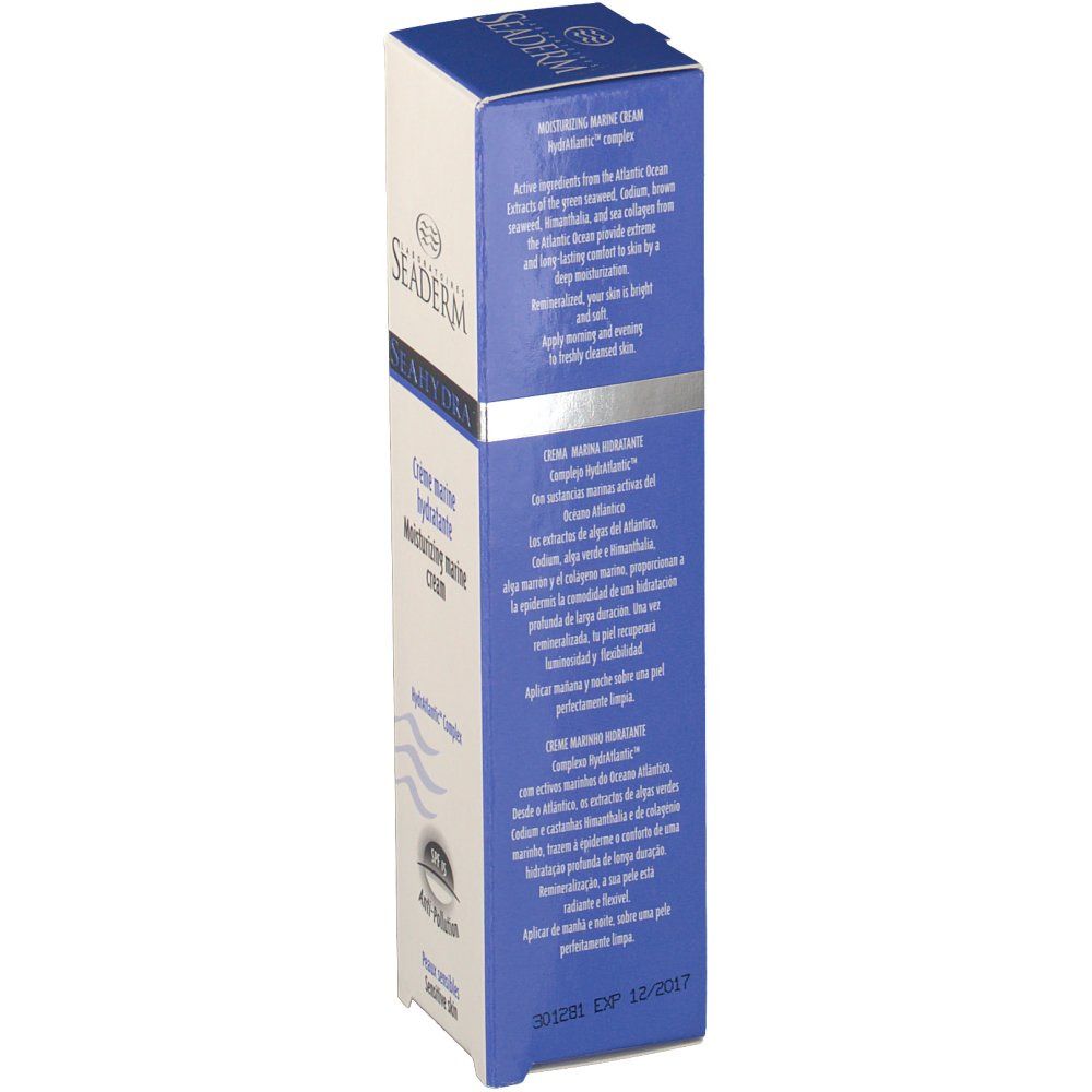 Kartonnen verpakking met productinformatie. Tekst: Active ingredients from the Atlantic Ocean. Blauwe en witte kleuren. Detailweergave.