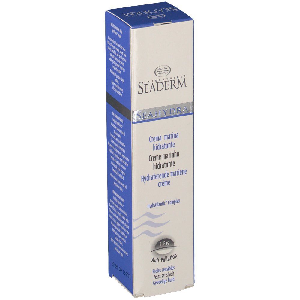 Kartonnen verpakking met productnaam en logo. Tekst: Crème marine hydratante, Creme marinho hidratante. Blauwe en witte kleuren.