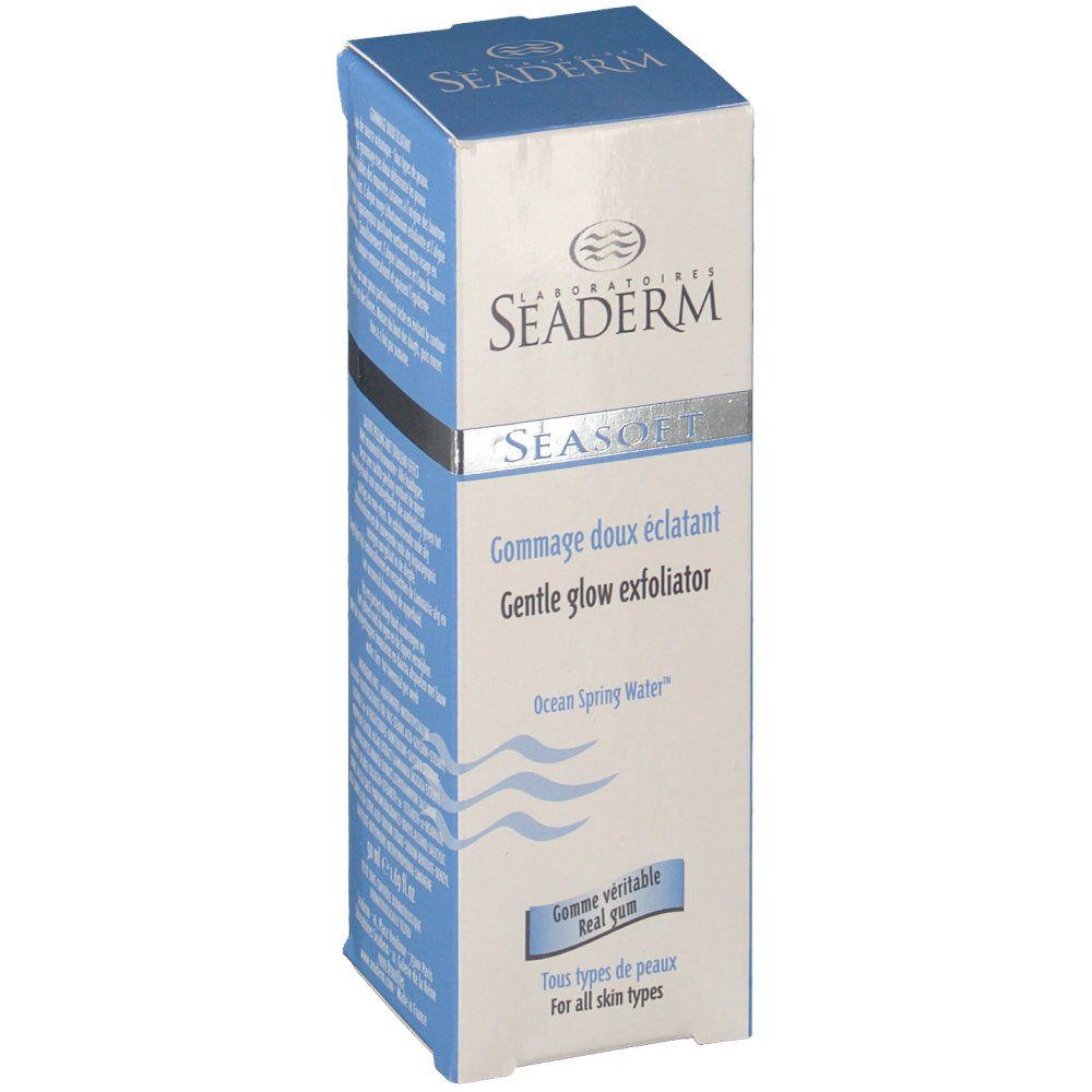 Blauw-witte productverpakking. Opschrift: Seaderm, Seasoft, Gommage doux éclatant, Gentle glow exfoliator. Golfjes-afbeelding. Voor alle huidtypes.